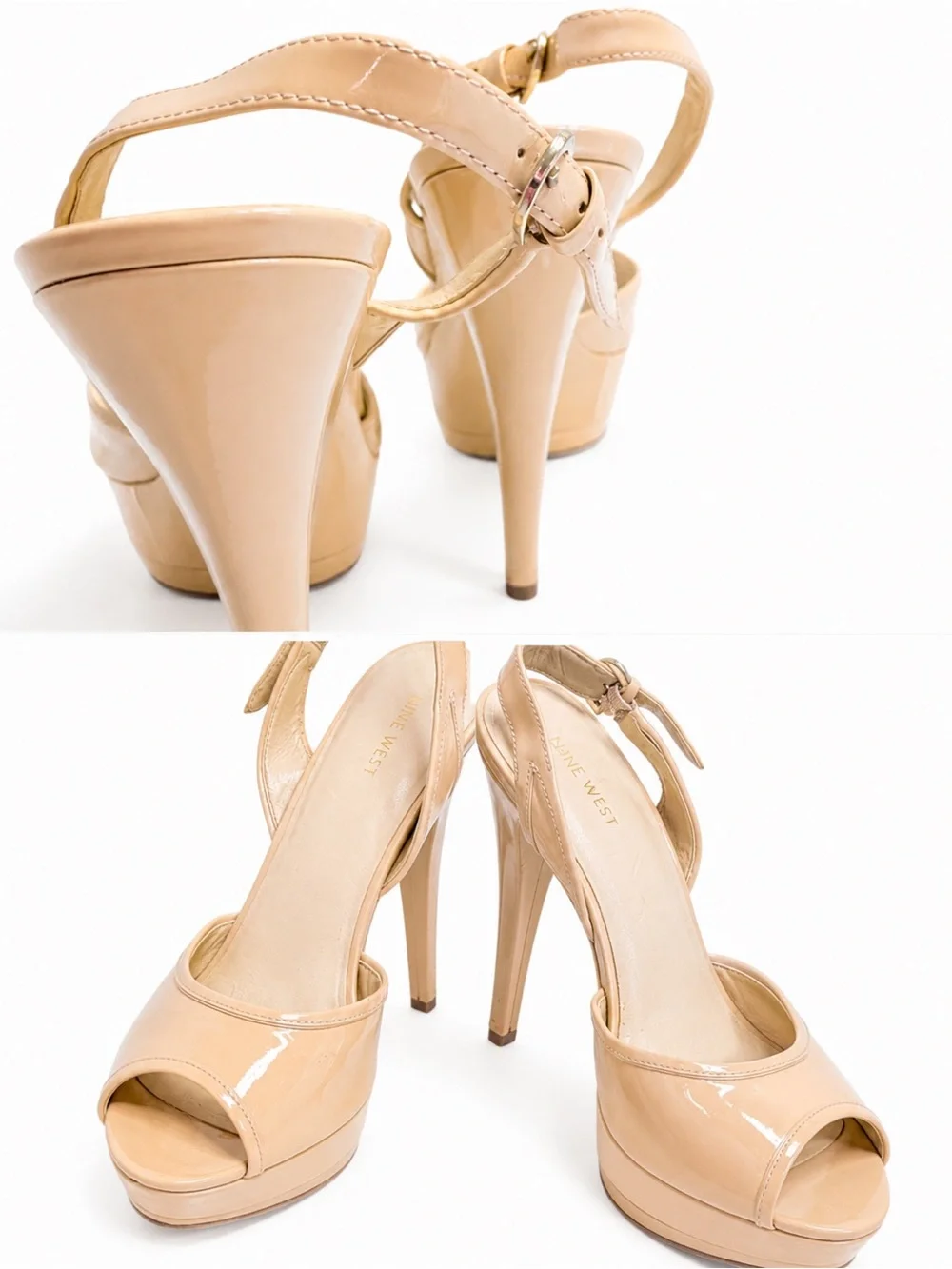 Nine West Pretta Nude Patent Peep Toe Slingback Platform Heels Size 10